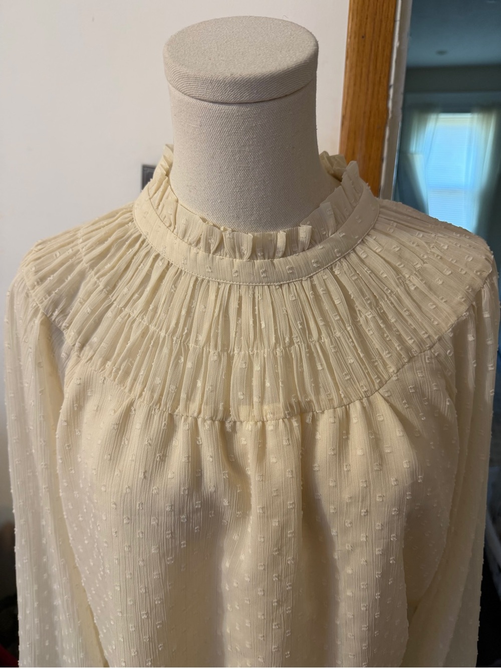 LOFT Cream Pintuck Swiss Dot Ruffled Yoke Blouse